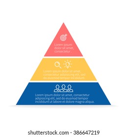 Pyramid Infographics. Triangle diagram, chart with 3 steps, options, parts, processes.