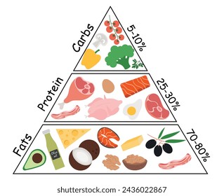 The pyramid of Keto products. A set of products for the ketogenic Diet. Healthy fats, proteins and carbohydrates in a triangular shape. Vector illustration for an infographic about healthy eating