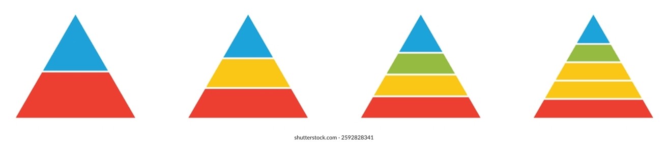 Pyramid level icons in colored segmented layers showing rank, stage, progress, rating and hierarchy levels used for charts and status indicators.