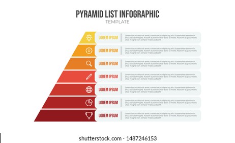 Pyramid list infographic element vector, 7 list template with icons. Use to show proportional, interconnected, or hierarchical relationships.