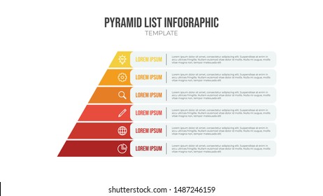 Pyramid Liste Infografik Element Vektorillustration, 6 Liste Layout Vorlage mit Symbolen. Verwenden Sie, um proportionale, vernetzte oder hierarchische Beziehungen anzuzeigen.