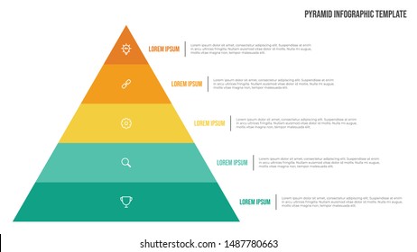 Pyramid list infographic template vector with 5 points and icons. Use to show proportional, interconnected, or hierarchical relationships. Use for presentation slide, banner, brochure, flyer.