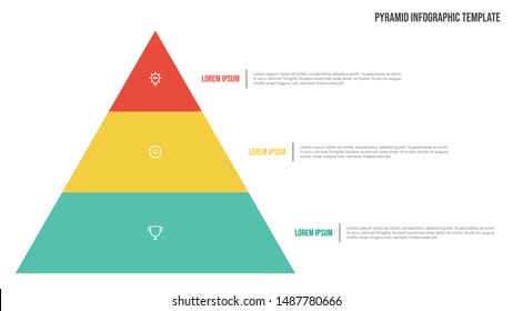 Pyramid Liste Infografik Vorlage Vektorillustration mit 3 Punkten und Symbole. Verwenden Sie, um proportionale, vernetzte oder hierarchische Beziehungen anzuzeigen. Verwenden Sie für Präsentationsfolien, Banner, Broschüren, Flyer.