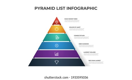 Pyramid list infographic template vector with 6 layers. Layout element for presentation, report, banner, etc.