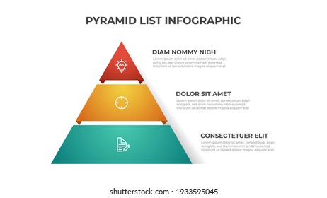 Pyramid list infographic template vector with 3 layers. Layout element for presentation, report, banner, etc.