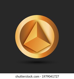 Pyramid logo for cryptocurrency on a round gold background volumetric 3d geometric shape yellow gradient.