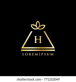 Pyramid Logo with flower letter h. luxury gold logo. Template vector illustration eps 10