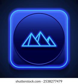Pyramid logo simple icon vector. Flat design. Blue neon style on button. With shadow.ai