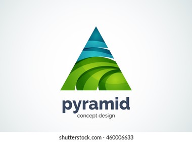 Pyramid logo template, triangle cycle concept - geometric minimal style, created with overlapping curve elements and waves. Corporate identity emblem, abstract business company branding element