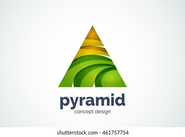 Pyramid logo template, triangle cycle concept - geometric minimal style, created with overlapping curve elements and waves. Corporate identity emblem, abstract business company branding element
