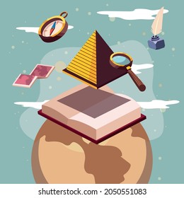 pirámide con lupa sobre el libro y el mundo de la geografía