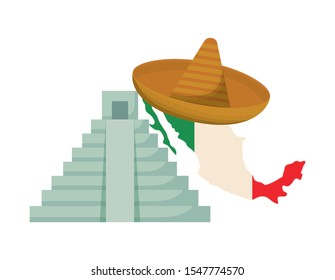 pyramid with map and hat mexican vector illustration design