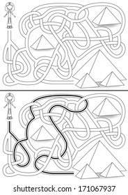 Pyramid maze for kids with a solution in black and white 
