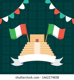 pyramid and mexican flags celebration viva mexico vector illustration