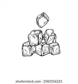 Pyramid of monochrome vector ice cubes line ink illustration in black and white. Etching drawing of frozen juice or water cube for drinks. Food elements for menu, cocktail party, poster design.