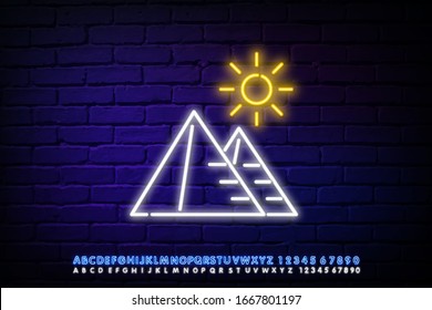 Pyramid mystery neon light icon. Egyptian monument. Historical secrets. Egypt architecture. Ancient tomb. Archeology. Glowing sign with alphabet, numbers and symbols. Vector isolated illustration