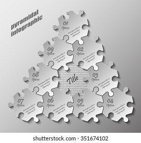 Pyramid Nine Piece Flat Puzzle Round Infographic Presentation. 9 Step Circle Business Diagram. Nine Section Compare Service Banner. Vector Illustration Template Shape . 3d Abstract Background