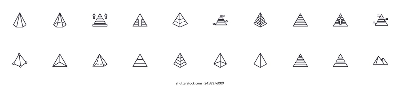Pyramid outline vector signs drawn with thin line. Simple linear illustrations for stores, shops, banners, design