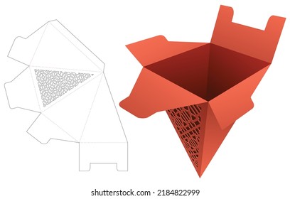 Pyramid packaging with stenciled pattern die cut template and 3D mockup