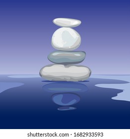 pyramid pebbels stones meditation symbol on water sea with dark sky horizont