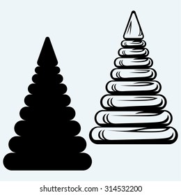 Pyramid from plastic rings. Isolated on blue background