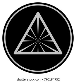 Pyramid Rays black coin icon. Vector style is a flat coin symbol using black and light gray colors.