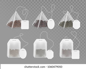 Pyramid and rectangle shaped tea bag mock up set. Vector realistic illustration of teabag with empty white label isolated on transparent background.