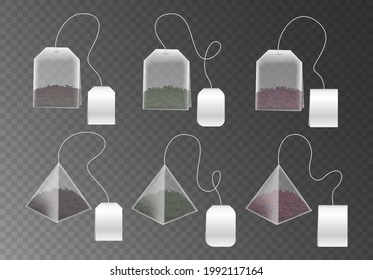 Pyramid and rectangle shaped tea bag mock up set. Realistic teabag of green, red and black tea with empty white label isolated on transparent background. 3d vector illustration