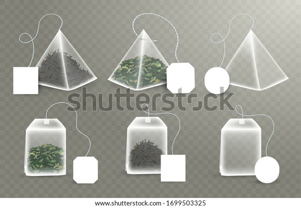 Pyramid and rectangular\
Shape Tea Bag Set. Mock Up With Empty Square, Rectangle Labels.\
Green and black tea. 3D Realistic Teabag Template. Vector\
Illustration