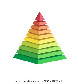 pyramid scheme 10 ten steps. vector hierarchy level chart graph, green red yellow diagram structure. triangle 3d infographic illustration