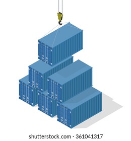 Pyramid of sea containers. The top container lowered the crane - isometric illustration with shadows.