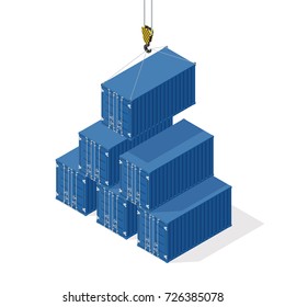 Pyramid of sea containers. The top container lowered the crane - isometric illustration with shadows