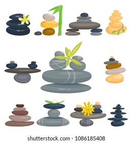 Pyramid from sea pebble relax heap stones healthy wellness black massage meditation natural tool spa balance therapy zen vector illustration.