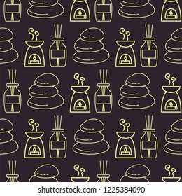 Pyramid from sea pebble relax heap stones healthy wellness black massage meditation natural tool spa seamless pattern background vector illustration.