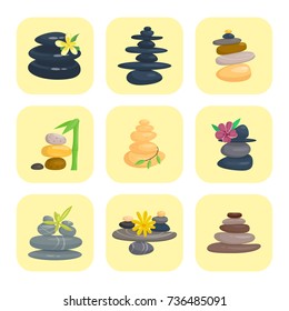 Pyramid from sea pebble relax heap stones healthy wellness black massage meditation natural tool spa balance therapy zen vector illustration.