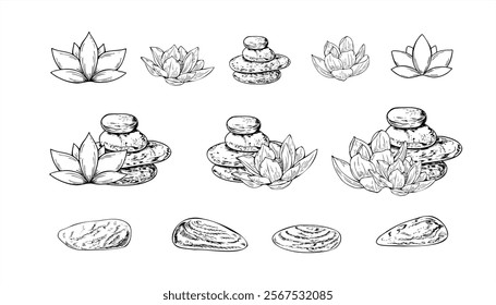 Pyramid of sea stones of different sizes and blooming lotus vector hand drawn illustration clip art. Pebbles and flowers etching drawing set. For creating new composition, spa centers, coloring book.