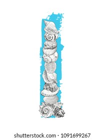 
A pyramid with seashells lying on top of each other against a background of a colored spot. Hand-drawn vector  illustration on a white background.