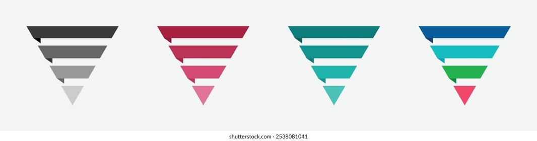 Pyramidenform mit vier Diagrammen, Vektorgrafik. 4-stufige Pyramiden-Vektorgrafik. 4-stufiges Pyramiden-Vektordesign