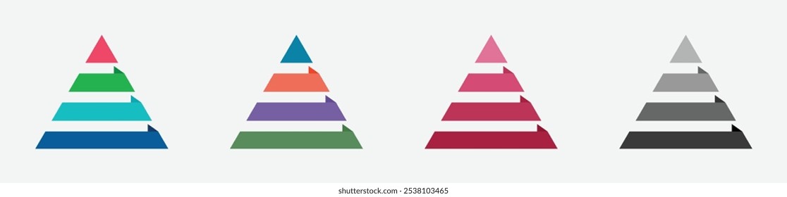 Pyramidenform mit vier Diagrammen, Vektorgrafik. 4-stufige Pyramiden-Vektorgrafik. Leere 4-stufige Pyramidenkonzepte