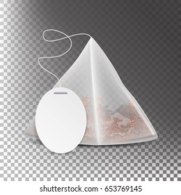 Pyramid Shape Tea Bag Mock Up With Empty White Label. Isolated On Transparency Background. Vector Illustration