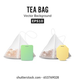 Pyramid Shape Tea Bag Set. Mock Up With Empty Yellow And Green Label. Isolated On White Background. Vector Illustration