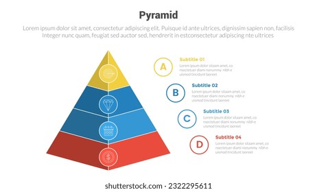 pyramid shape triangle stage infographics template diagram with 3d shape and circle badge information and 4 point step creative design for slide presentation