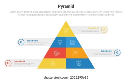 pyramid shape triangle stage infographics template diagram with center and symmetric with rectangle information and 4 point step creative design for slide presentation