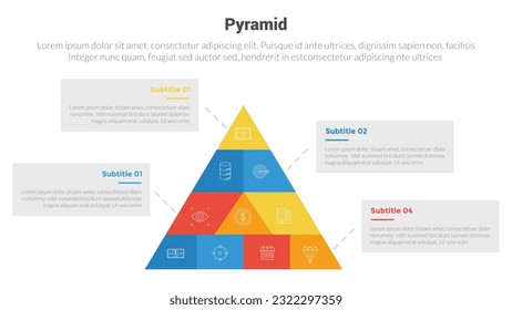 pyramid shape triangle stage infographics template diagram with center shape and box information and 4 point step creative design for slide presentation