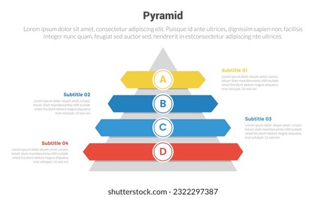 pyramid shape triangle stage infographics template diagram with center shape and circle badge and 4 point step creative design for slide presentation