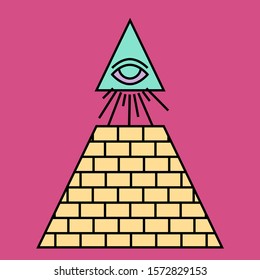 Pyramid and shining All seeing eye of Divine providence symbol above. Alchemy, religion, spirituality, occultism tattoo art in cartoon linear style.
