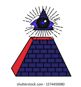 Pyramid and shining All seeing eye of Divine providence symbol above. Alchemy, religion, spirituality, occultism tattoo art in cartoon linear style.