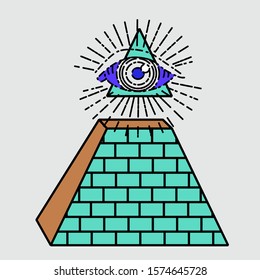 Pyramid and shining All seeing eye of Divine providence symbol above. Alchemy, religion, spirituality, occultism tattoo art in cartoon linear style.