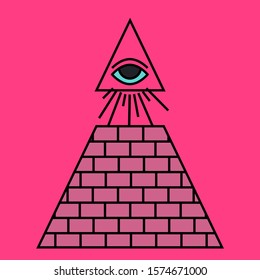 Pyramid and shining All seeing eye of Divine providence symbol above. Alchemy, religion, spirituality, occultism tattoo art in cartoon linear style.