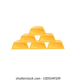 Pyramid from shiny gold bars. Six golden ingots. Financial symbol. Flat vector design for mobile game or poster